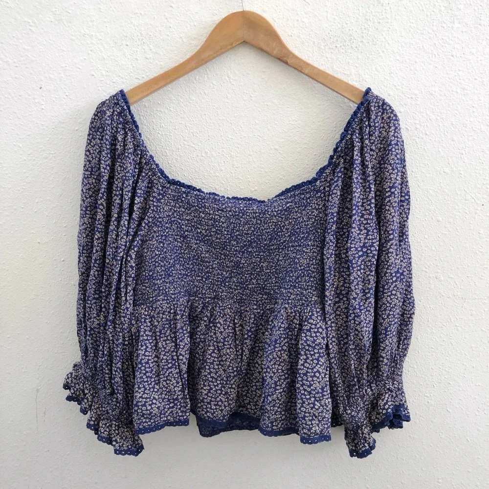 FREE PEOPLE Brittnee Printed Smocked-Back Peplum Top Size Large